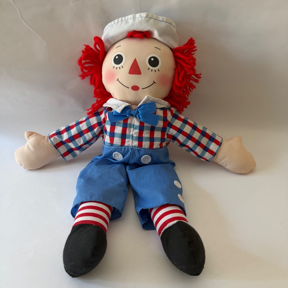 Hasbro Raggedy Andy 16 inch Plush Doll 2002 Red Yarn Hair Checkered Shirt